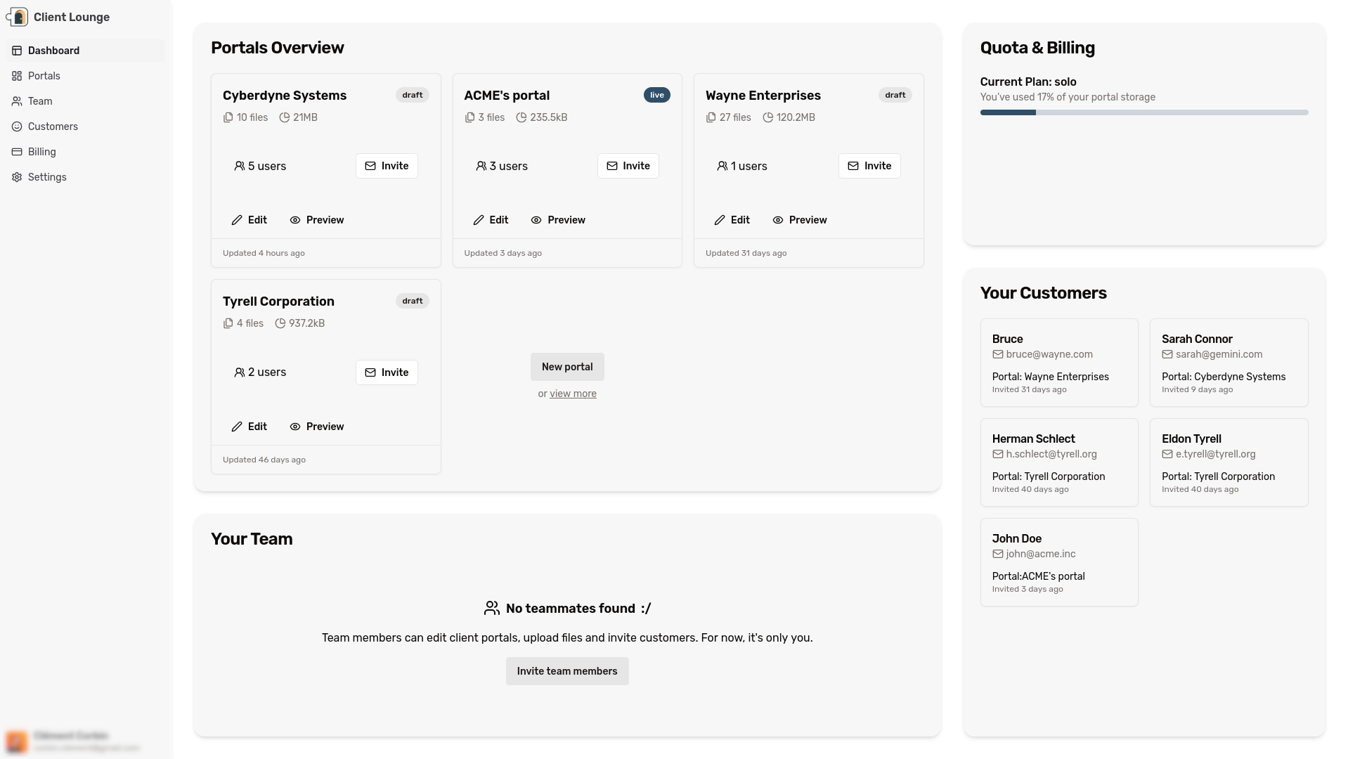 Screenshot of the Client Lounge Dashboard