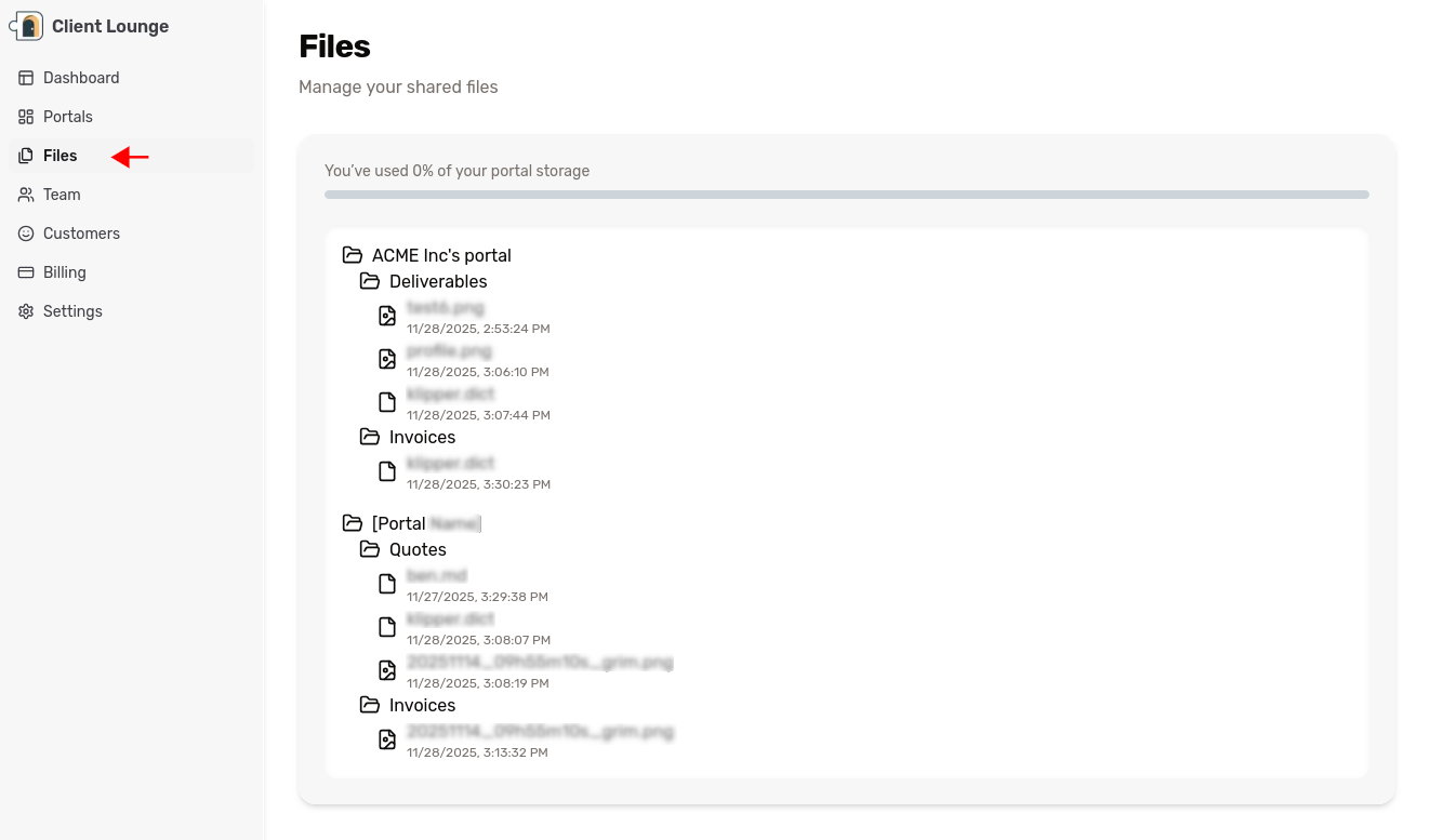 Files view in the dashboard, screenshot from the app